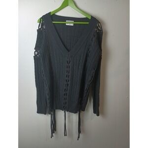 Premonition Black Cable Knit Lace Up Cold Shoulder Tassel Sweater US 8